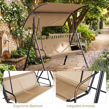 Patio Swing Chair with Adjustable Canopy & Removable Cushion and Metal Stand-Beige - Beige - Porch Swings