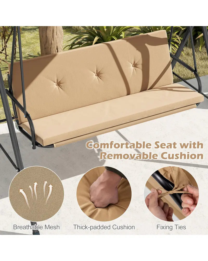 Patio Swing Chair with Adjustable Canopy & Removable Cushion and Metal Stand-Beige - Beige - Porch Swings