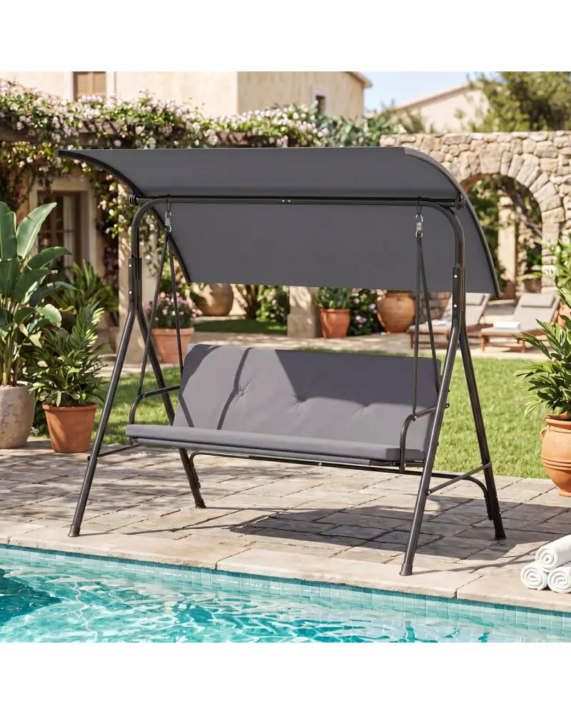 Patio Swing Chair with Adjustable Canopy & Removable Cushion and Metal Stand-Gray - Gray - Porch Swings