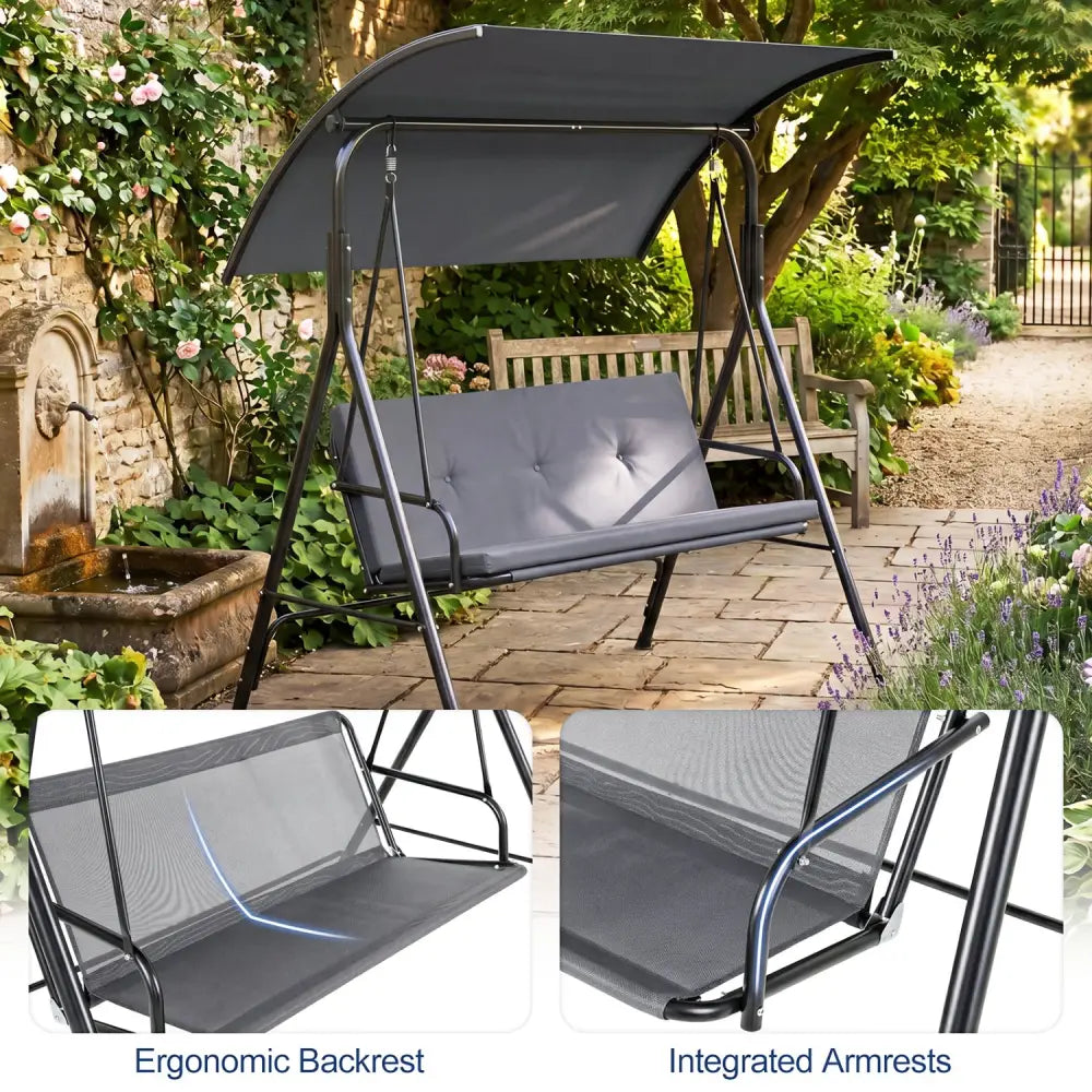 Patio Swing Chair with Adjustable Canopy & Removable Cushion and Metal Stand-Gray - Gray - Porch Swings