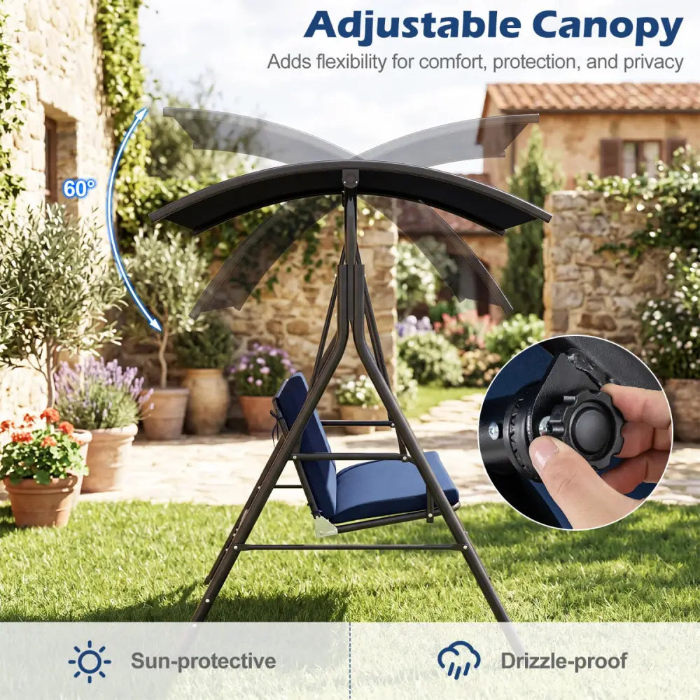 Patio Swing Chair with Adjustable Canopy & Removable Cushion and Metal Stand-Navy - Navy - Porch Swings
