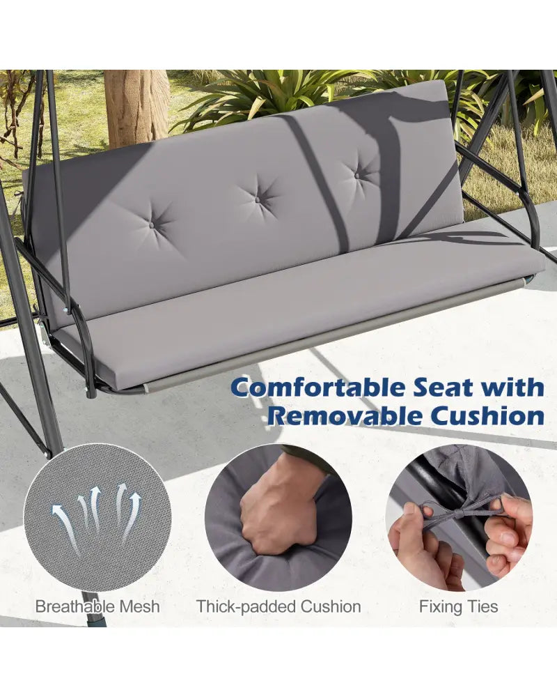 Patio Swing Chair with Adjustable Canopy & Removable Cushion and Metal Stand-Gray - Gray - Porch Swings