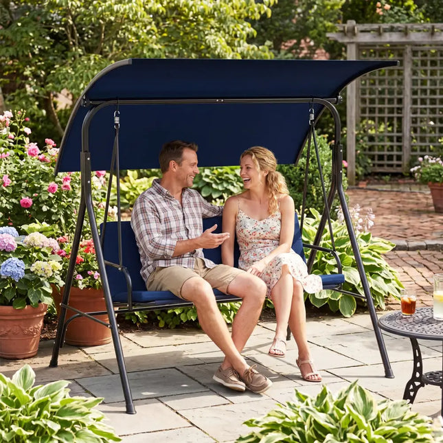 Patio Swing Chair with Adjustable Canopy & Removable Cushion and Metal Stand-Navy - Navy - Porch Swings