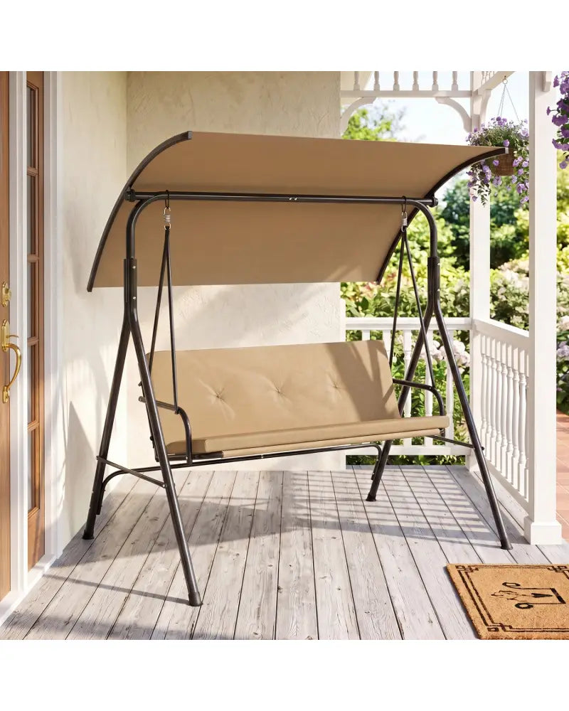Patio Swing Chair with Adjustable Canopy & Removable Cushion and Metal Stand-Beige - Beige - Porch Swings