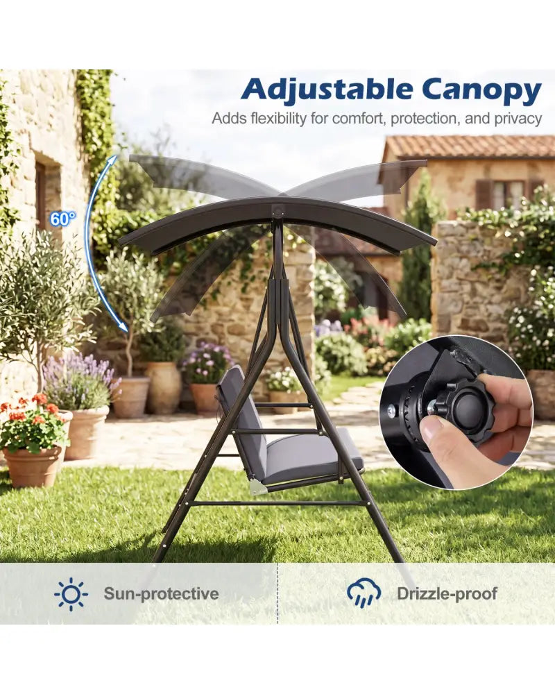 Patio Swing Chair with Adjustable Canopy & Removable Cushion and Metal Stand-Gray - Gray - Porch Swings