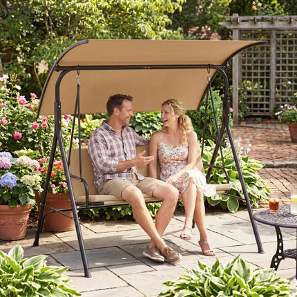 Patio Swing Chair with Adjustable Canopy & Removable Cushion and Metal Stand-Beige - Beige - Porch Swings