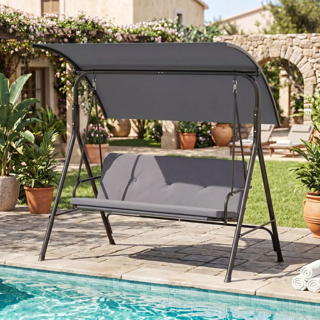 Patio Swing Chair with Adjustable Canopy & Removable Cushion and Metal Stand-Gray - Gray - Porch Swings