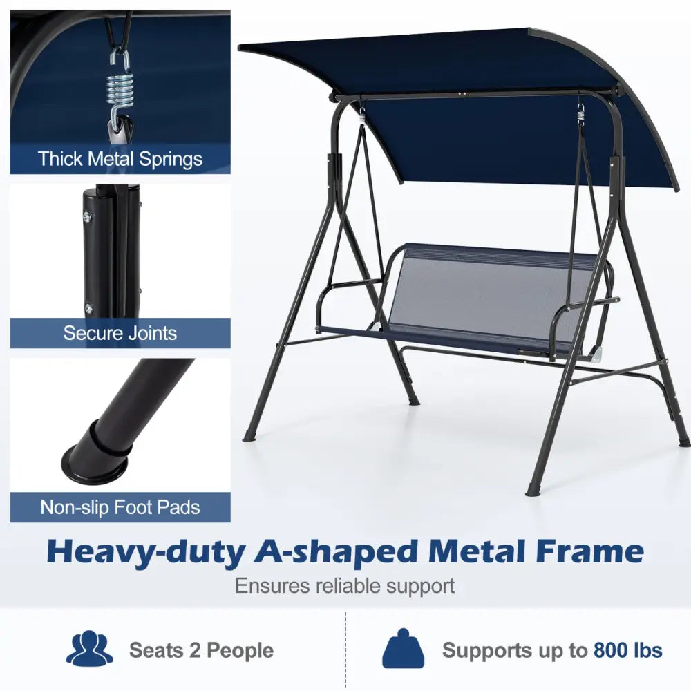 Patio Swing Chair with Adjustable Canopy & Removable Cushion and Metal Stand-Navy - Navy - Porch Swings