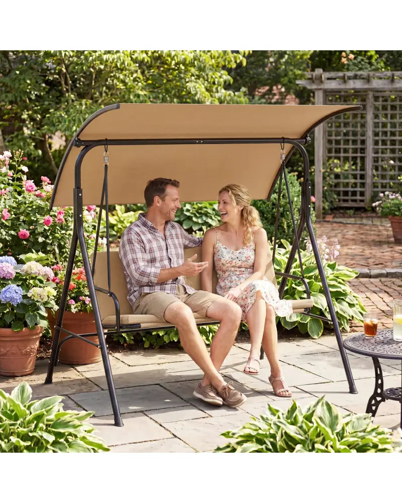 Patio Swing Chair with Adjustable Canopy & Removable Cushion and Metal Stand-Beige - Beige - Porch Swings
