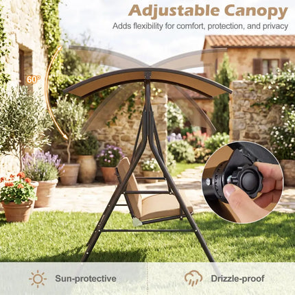 Patio Swing Chair with Adjustable Canopy & Removable Cushion and Metal Stand-Beige - Beige - Porch Swings