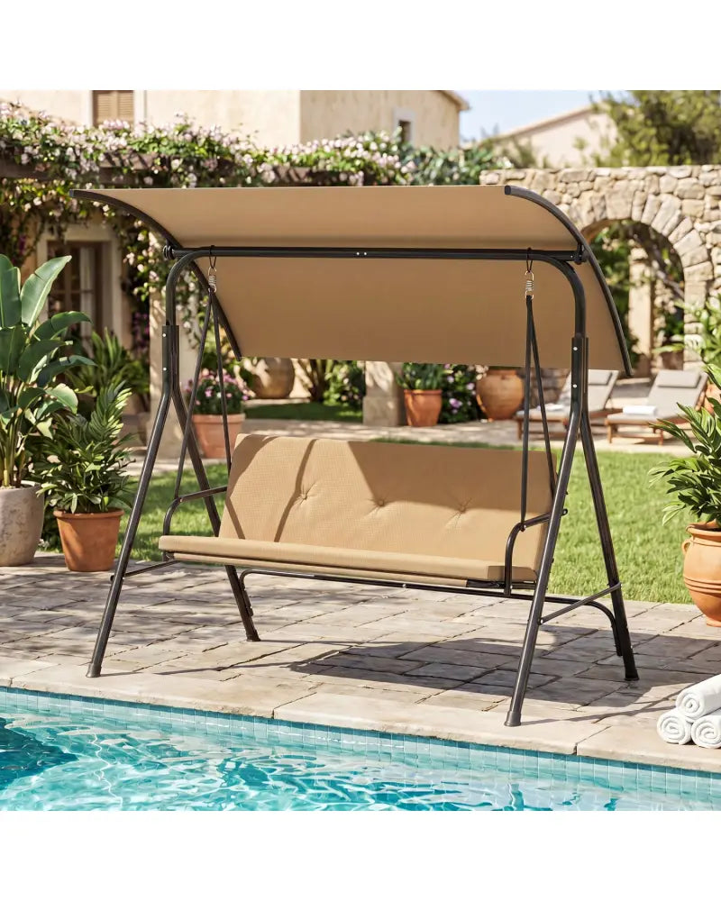 Patio Swing Chair with Adjustable Canopy & Removable Cushion and Metal Stand-Beige - Beige - Porch Swings