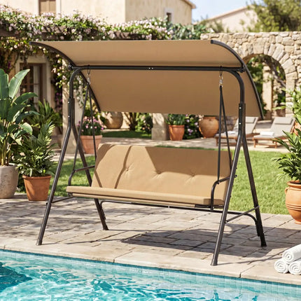 Patio Swing Chair with Adjustable Canopy & Removable Cushion and Metal Stand-Beige - Beige - Porch Swings