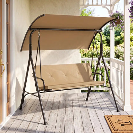 Patio Swing Chair with Adjustable Canopy & Removable Cushion and Metal Stand-Beige - Beige - Porch Swings