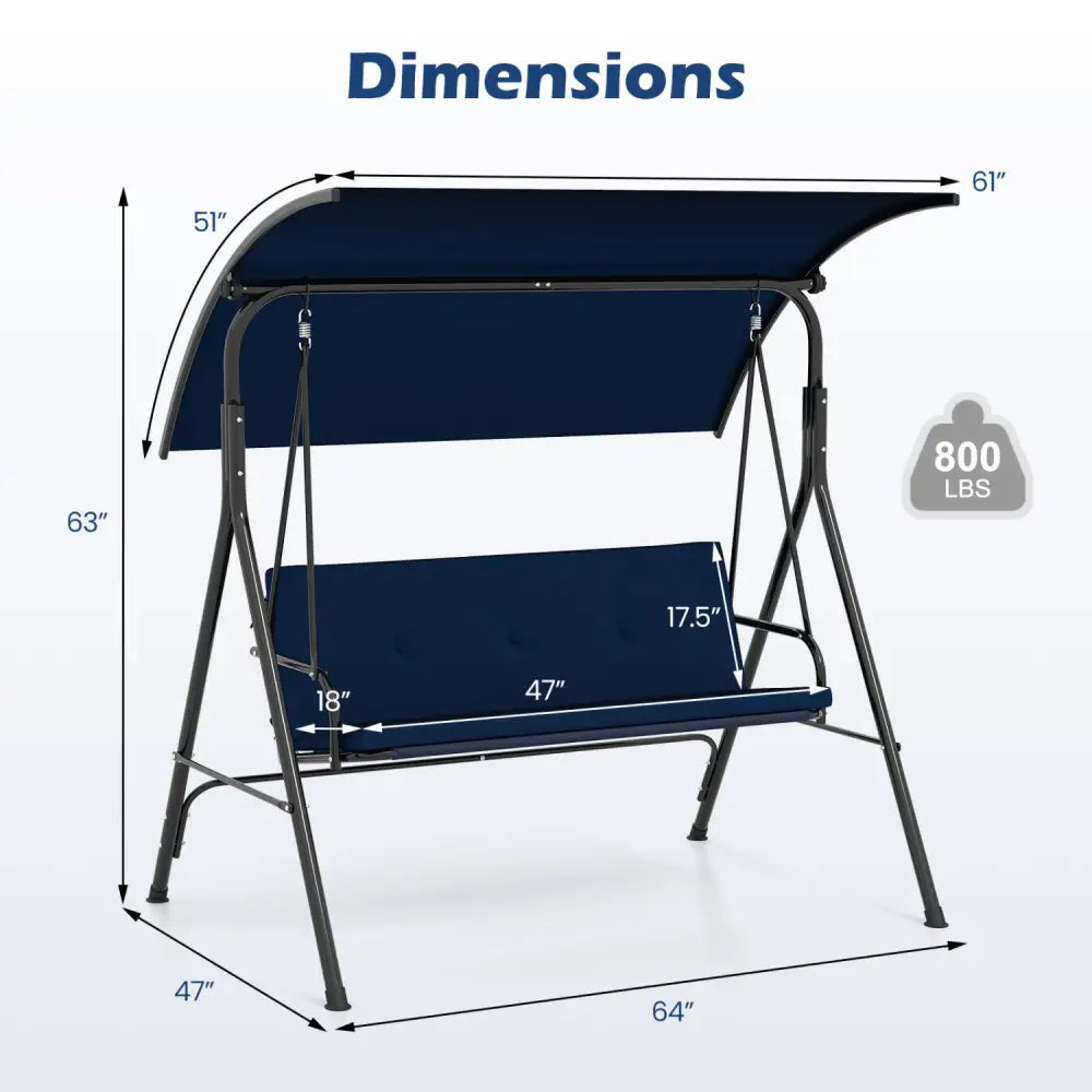 Patio Swing Chair with Adjustable Canopy & Removable Cushion and Metal Stand-Navy - Navy - Porch Swings