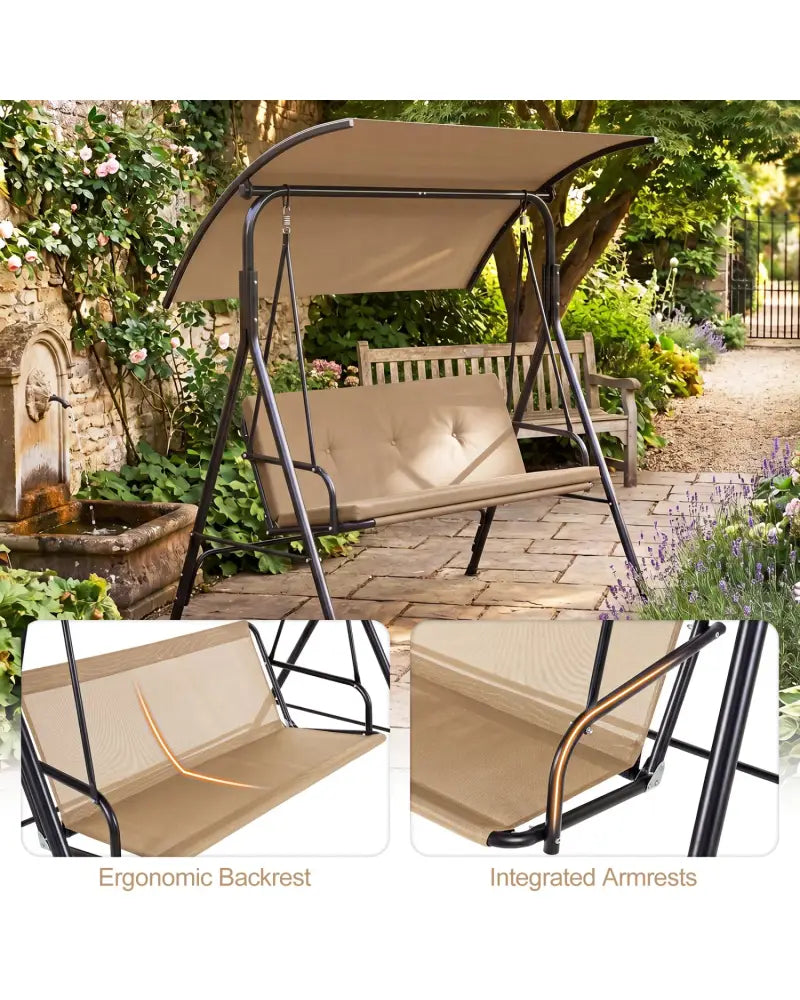 Patio Swing Chair with Adjustable Canopy & Removable Cushion and Metal Stand-Beige - Beige - Porch Swings