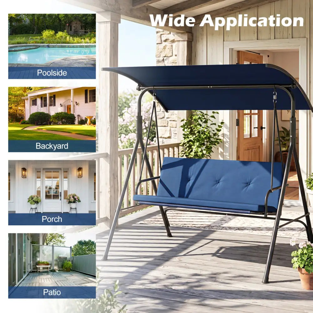 Patio Swing Chair with Adjustable Canopy & Removable Cushion and Metal Stand-Navy - Navy - Porch Swings