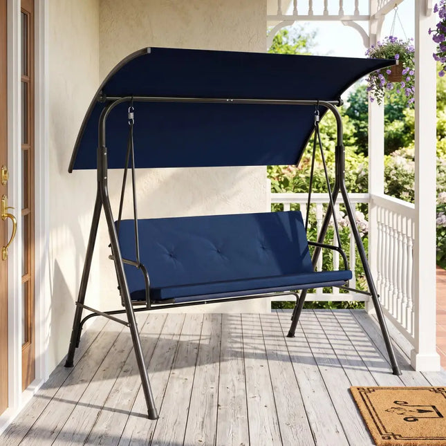 Patio Swing Chair with Adjustable Canopy & Removable Cushion and Metal Stand-Navy - Navy - Porch Swings