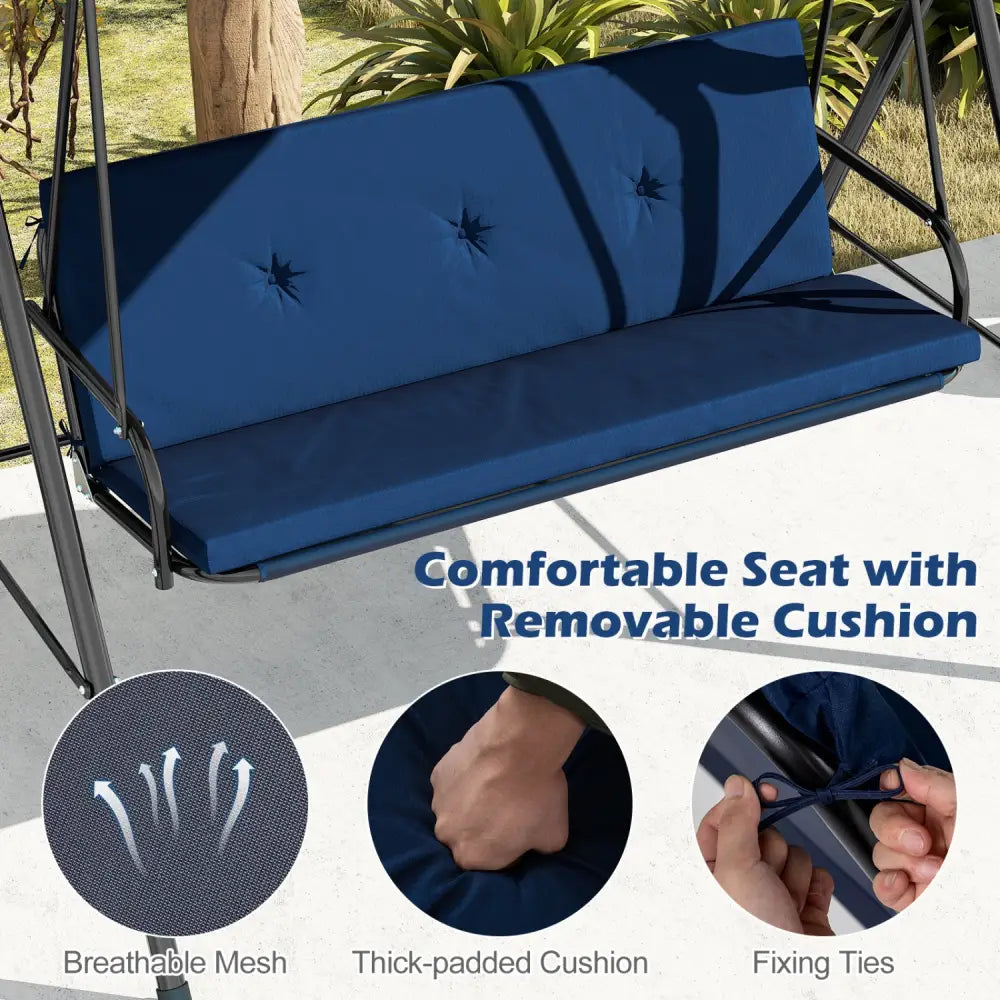 Patio Swing Chair with Adjustable Canopy & Removable Cushion and Metal Stand-Navy - Navy - Porch Swings