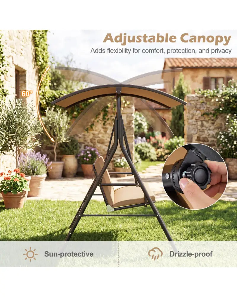 Patio Swing Chair with Adjustable Canopy & Removable Cushion and Metal Stand-Beige - Beige - Porch Swings
