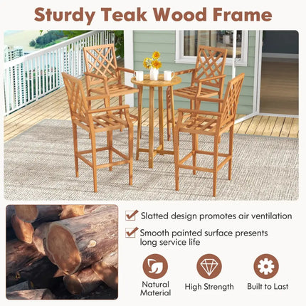 Patio Teak Wood Bar Stool Outdoor Counter Height Chair with Ergonomic Backrest - Natural - Patio Dining Chairs