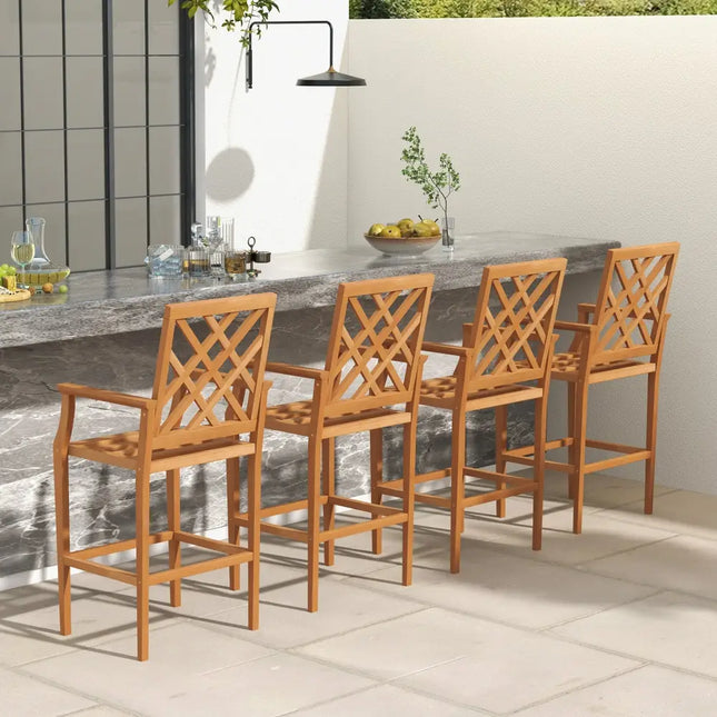 Patio Teak Wood Bar Stool Outdoor Counter Height Chair with Ergonomic Backrest - Natural - Patio Dining Chairs
