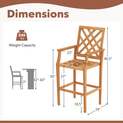 Patio Teak Wood Bar Stool Outdoor Counter Height Chair with Ergonomic Backrest - Natural - Patio Dining Chairs
