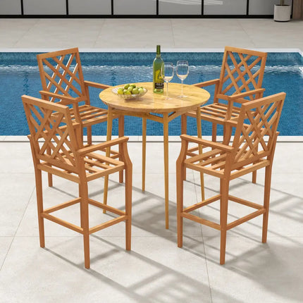 Patio Teak Wood Bar Stool Outdoor Counter Height Chair with Ergonomic Backrest - Natural - Patio Dining Chairs