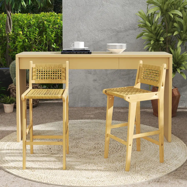 Patio Teak Wood Bar Stool with Rattan Backrest and Seat - Natural - Patio Bar Furniture