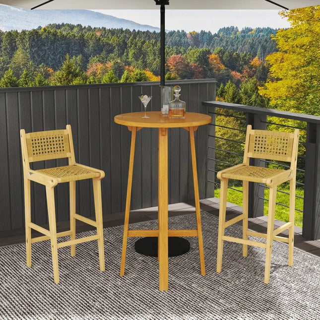 Patio Teak Wood Bar Stool with Rattan Backrest and Seat - Natural - Patio Bar Furniture
