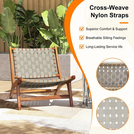 Patio Teak Wood Chair Outdoor Mid-Century Accent Chair with Nylon Webbing Seat - Patio Dining Chairs