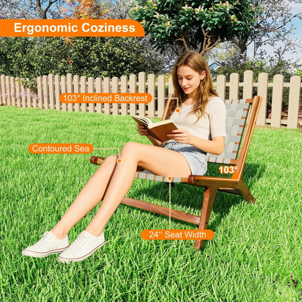 Patio Teak Wood Chair Outdoor Mid-Century Accent Chair with Nylon Webbing Seat - Patio Dining Chairs