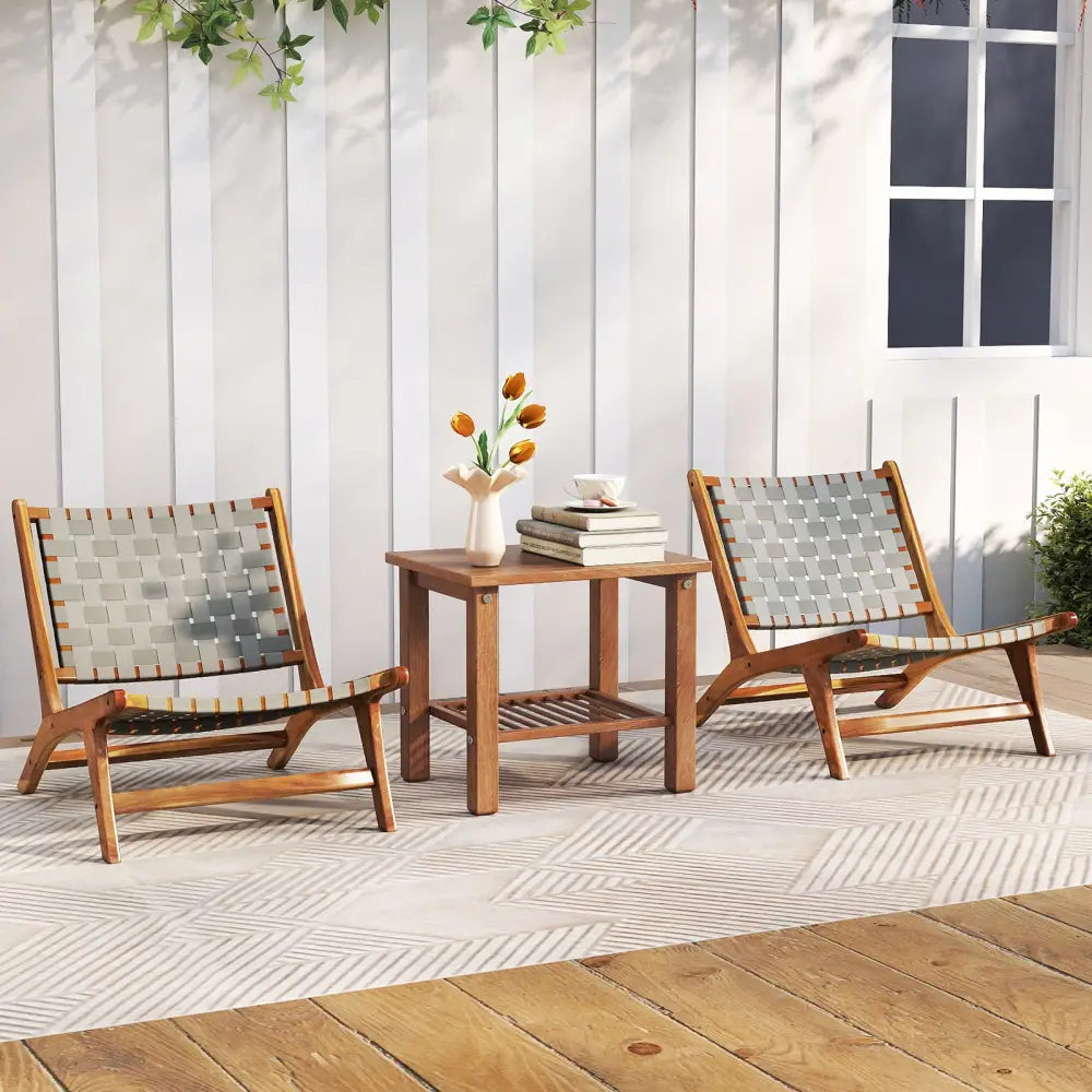 Patio Teak Wood Chair Outdoor Mid-Century Accent Chair with Nylon Webbing Seat - Patio Dining Chairs