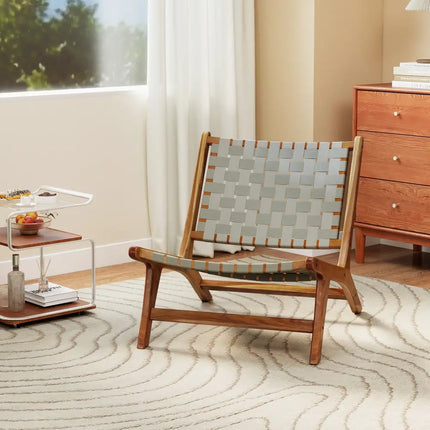 Patio Teak Wood Chair Outdoor Mid-Century Accent Chair with Nylon Webbing Seat - Patio Dining Chairs