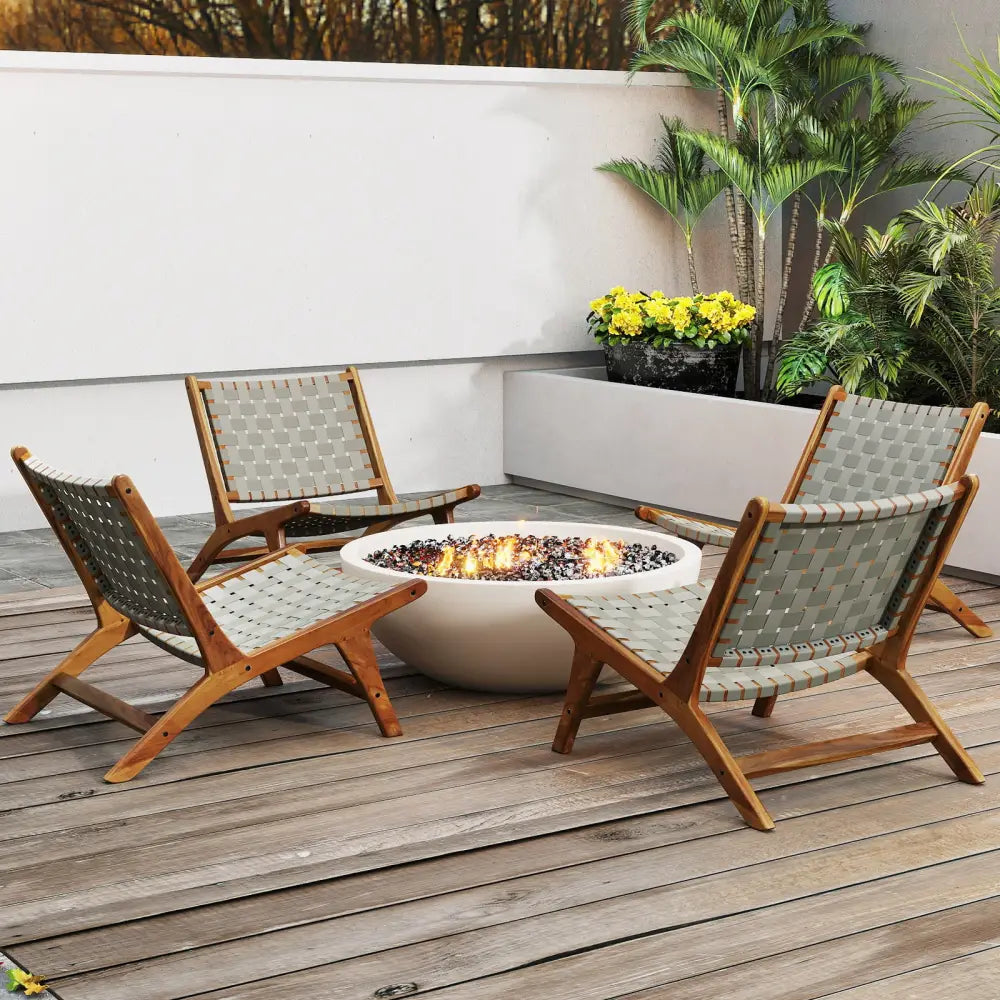Patio Teak Wood Chair Outdoor Mid-Century Accent Chair with Nylon Webbing Seat - Patio Dining Chairs
