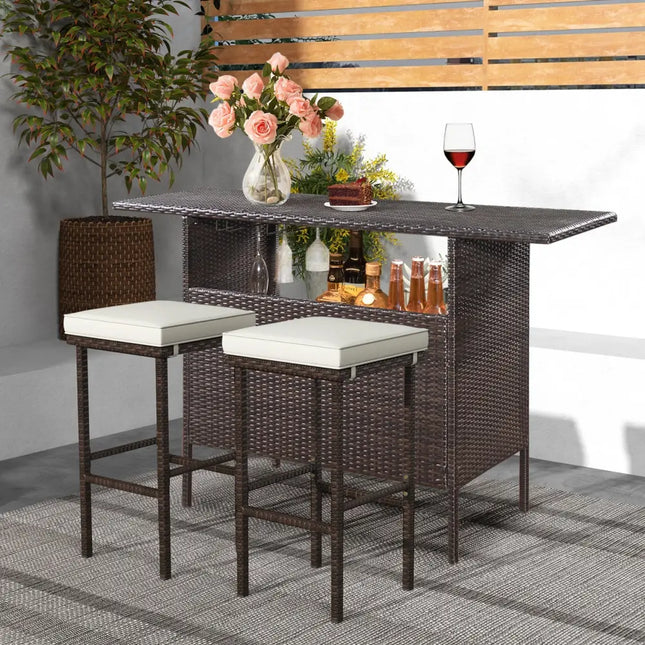Patio Wicker Bar Stools Set of 2 with Seat Cushions and Footrest - Patio Bar Furniture
