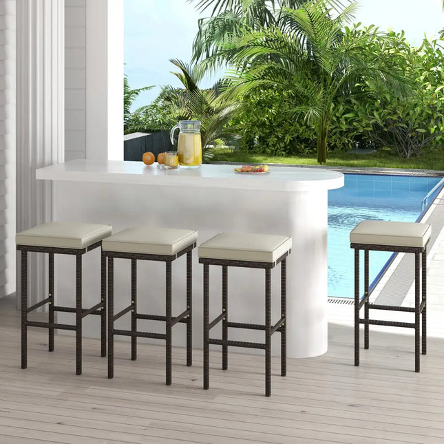 Patio Wicker Bar Stools Set of 2 with Seat Cushions and Footrest - Patio Bar Furniture