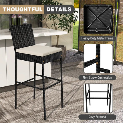 Patio Wicker Barstools Set of 2 with Footrest and Backrest for Backyard - Patio Bar Furniture