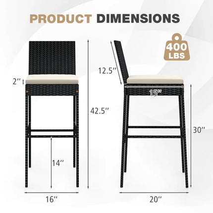 Patio Wicker Barstools Set of 2 with Footrest and Backrest for Backyard - Patio Bar Furniture