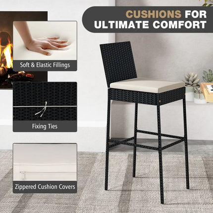Patio Wicker Barstools Set of 2 with Footrest and Backrest for Backyard - Patio Bar Furniture