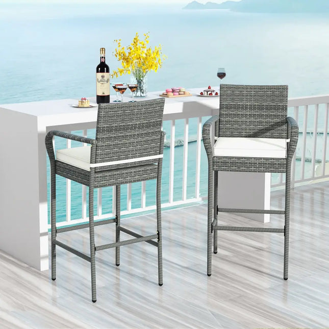Patio Wicker Barstools with Armrests and Soft Cushions for Porch Backyard Set of 2 - Gray - Patio Bar Furniture