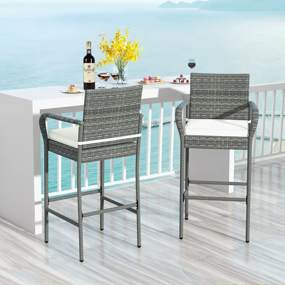 Patio Wicker Barstools with Armrests and Soft Cushions for Porch Backyard Set of 2 - Gray - Patio Bar Furniture