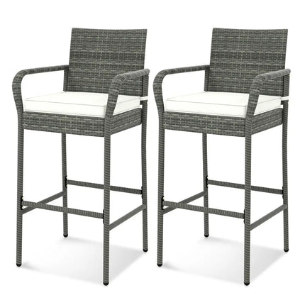Patio Wicker Barstools with Armrests and Soft Cushions for Porch Backyard Set of 2 - Gray - Patio Bar Furniture