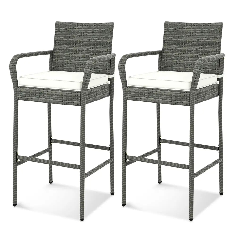Patio Wicker Barstools with Armrests and Soft Cushions for Porch Backyard Set of 2 - Gray - Patio Bar Furniture