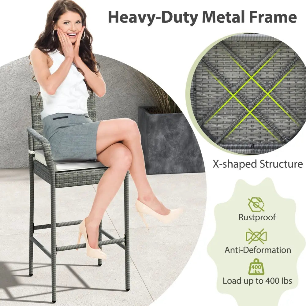 Patio Wicker Barstools with Armrests and Soft Cushions for Porch Backyard Set of 2 - Gray - Patio Bar Furniture