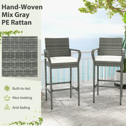 Patio Wicker Barstools with Armrests and Soft Cushions for Porch Backyard Set of 2 - Gray - Patio Bar Furniture