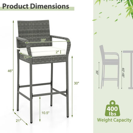 Patio Wicker Barstools with Armrests and Soft Cushions for Porch Backyard Set of 2 - Gray - Patio Bar Furniture