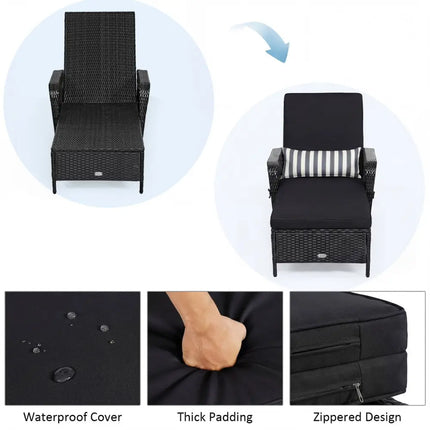 Patio Wicker Chaise Lounge Chair with Pillow and Adjustable Backrest with Cushion-Black - Black - Outdoor Chaise Lounges