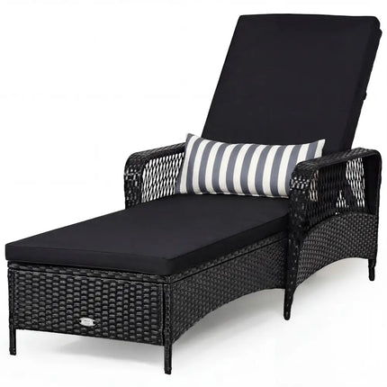 Patio Wicker Chaise Lounge Chair with Pillow and Adjustable Backrest with Cushion-Black - Black - Outdoor Chaise Lounges
