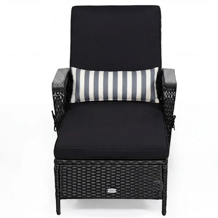 Patio Wicker Chaise Lounge Chair with Pillow and Adjustable Backrest with Cushion-Black - Black - Outdoor Chaise Lounges