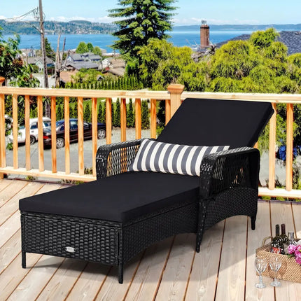 Patio Wicker Chaise Lounge Chair with Pillow and Adjustable Backrest with Cushion-Black - Black - Outdoor Chaise Lounges